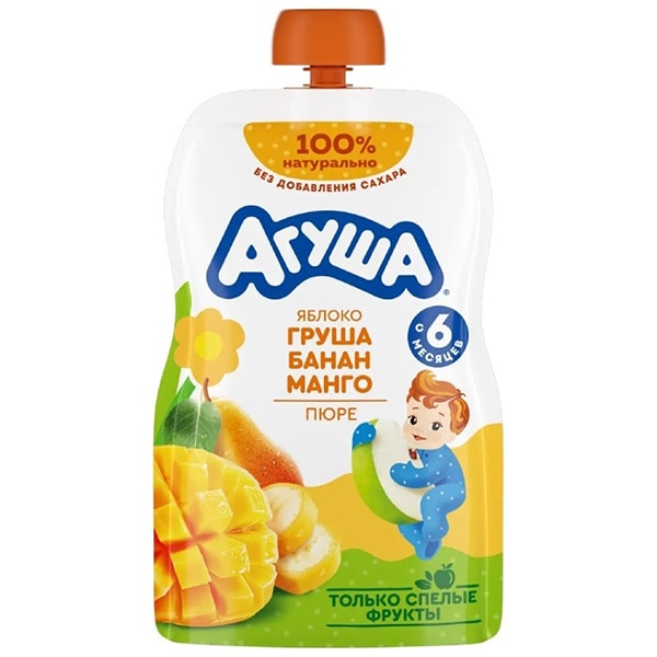 Детское пюре Агуша банан, манго, яблоко, груша 90 г.